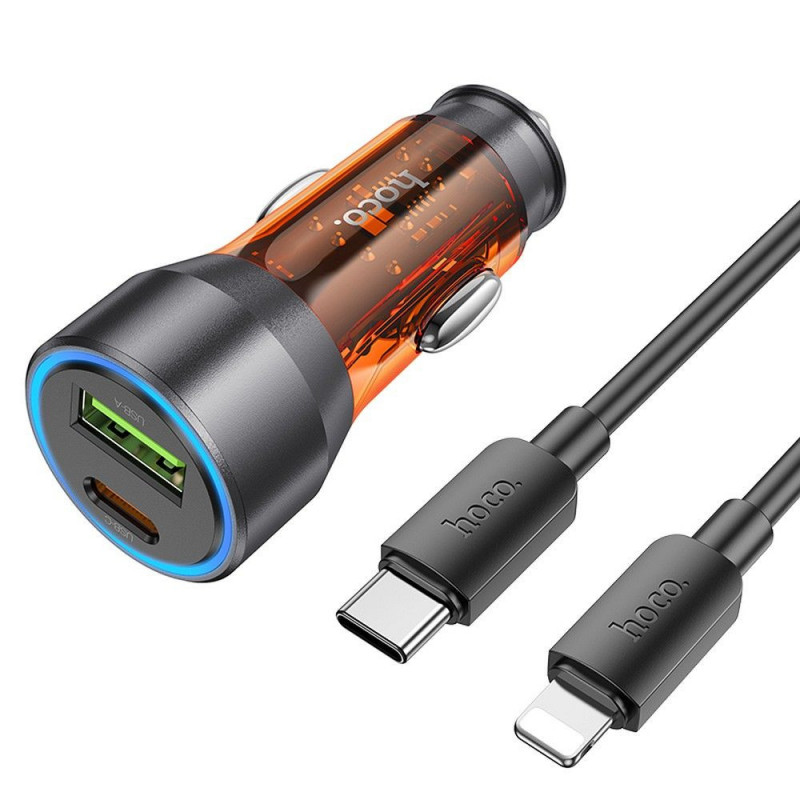 HOCO car charger USB A + Type C + cable Type C do Lightning PD QC3.0 3A 43W NZ12A transparent orange