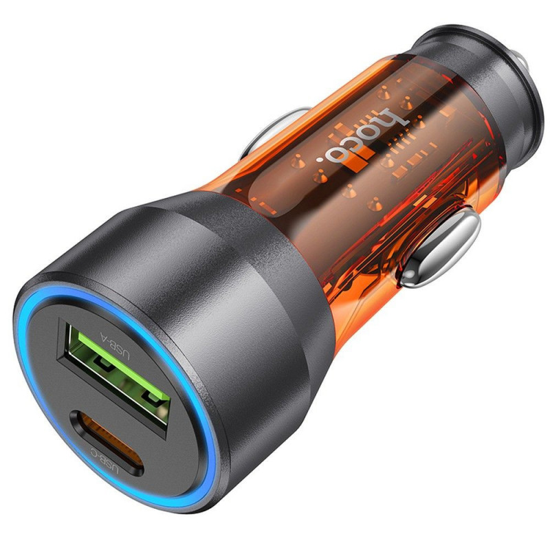 HOCO car charger USB A + Typ C PD QC3.0 3A 43W NZ12A transparent orange