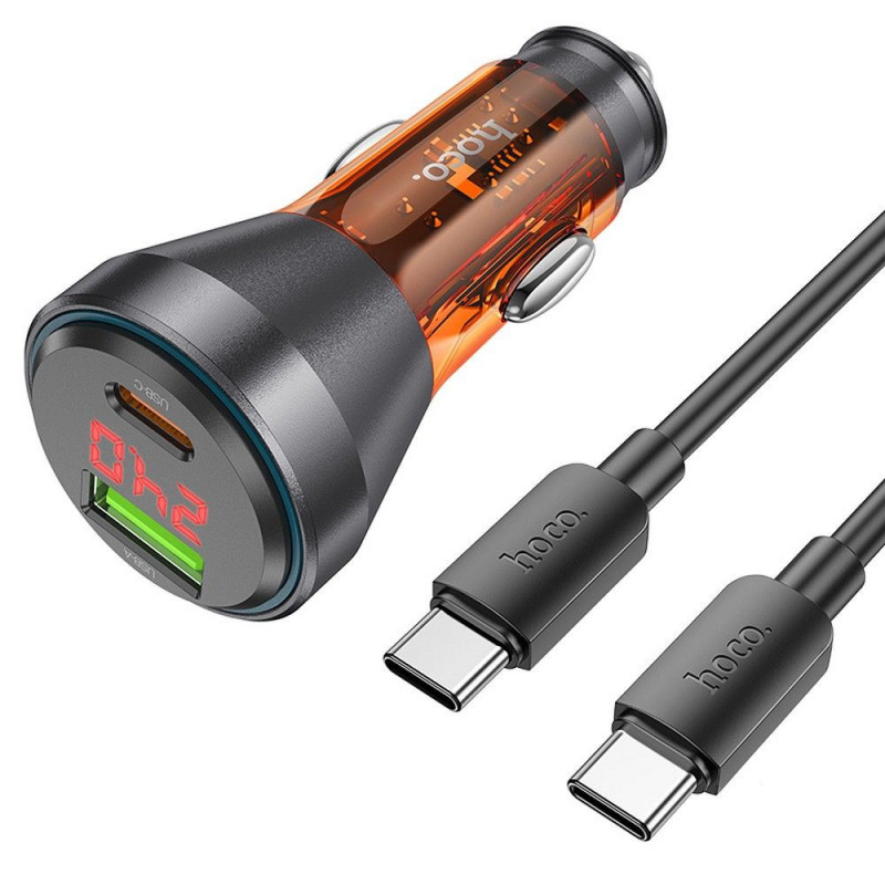 HOCO car charger USB A + Type C with digital display + cable Type C to Type C PD QC3.0 3A 48W NZ12B transparent orange