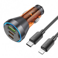 HOCO car charger USB A + 2 x Type C + cable Type C to Lightning PD QC3.0 3A 60W NZ12D transparent orange