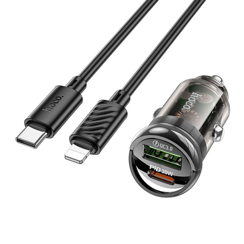 HOCO car charger USB A + Type C + cable Type C to Lightning PD QC3.0 3A 30W Z53A black