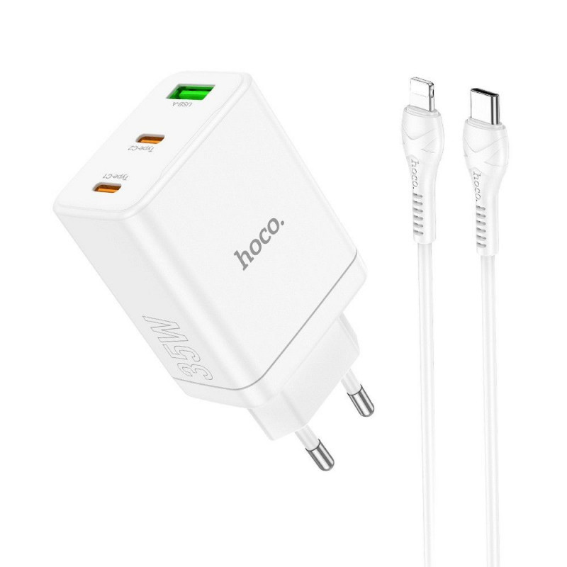 HOCO charger 2 x Type C + USB A + cable Type C to Lightning PD QC3.0 3A 35W N33 white