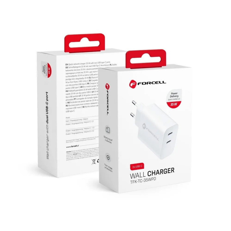 Forcell Travel Charger with 2 USB type C sockets - 3A 35W with PD and Quick Charge 4.0 function