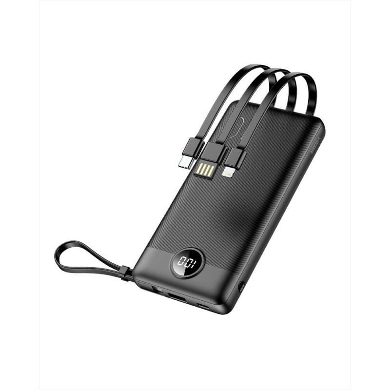 VEGER powerbank 10 000 mAh with built-in cables Micro USB / Type C / Lightning C10 (W1116) black