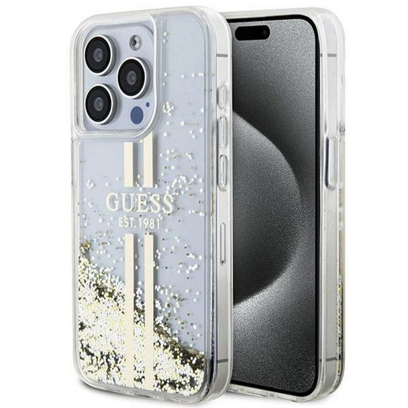 Original faceplate case GUESS GUHCP15XLFCSEGT for iPhone 15 Pro Max (Liquid Glitter Gold Stripes / transparent)