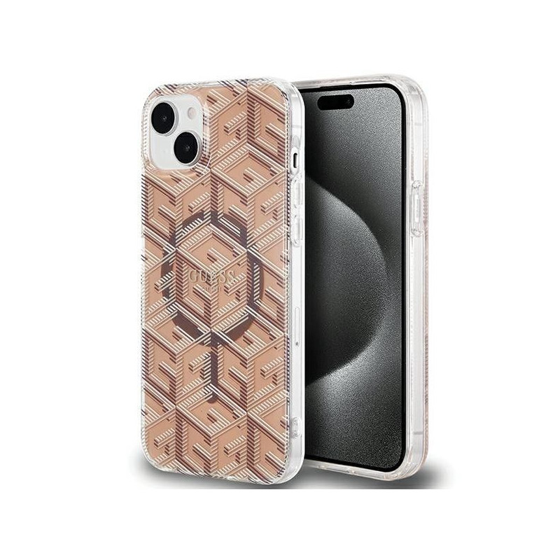 Original faceplate case GUESS GUHMP15SHGCUSTGW for iPhone 15 (Compatible with Magsafe / IML GCUBE / brown)