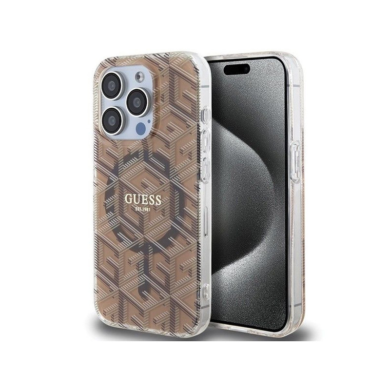 Original faceplate case GUESS GUHMP15LHGCUSTGW for iPhone 15 Pro (Compatible with Magsafe / IML GCUBE / brown)