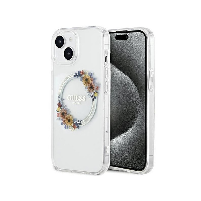 Original faceplate case GUESS GUHMP15SHFWFCT for iPhone 15 (Compatible with Magsafe / Flowers Wreath / transparent)