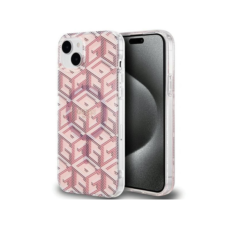 Original faceplate case GUESS GUHMP15SHGCUSTGP for iPhone 15 (Compatible with Magsafe / IML GCUBE / pink)