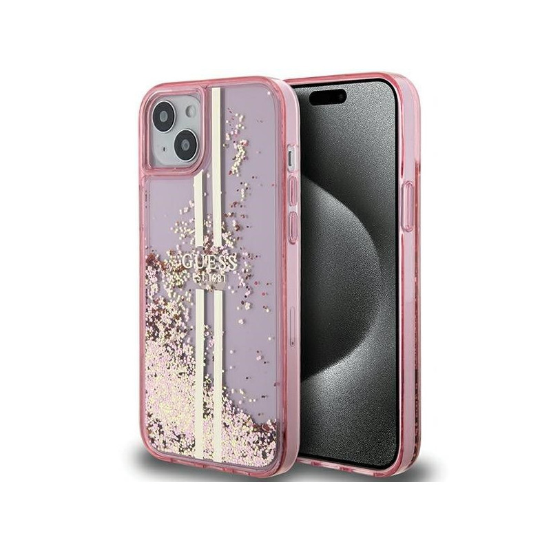 Original faceplate case GUESS GUHCP15SLFCSEGP for iPhone 15 (Liquid Glitter Gold Stripes / pink)