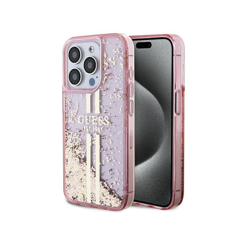 Original faceplate case GUESS GUHCP15LLFCSEGP for iPhone 15 Pro (Liquid Glitter Gold Stripes / pink)