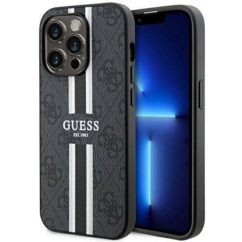 Original faceplate case GUESS GUHMP14LP4RPSK for iPhone 14 PRO (Compatible with Magsafe 4G Printed Stripes / black)