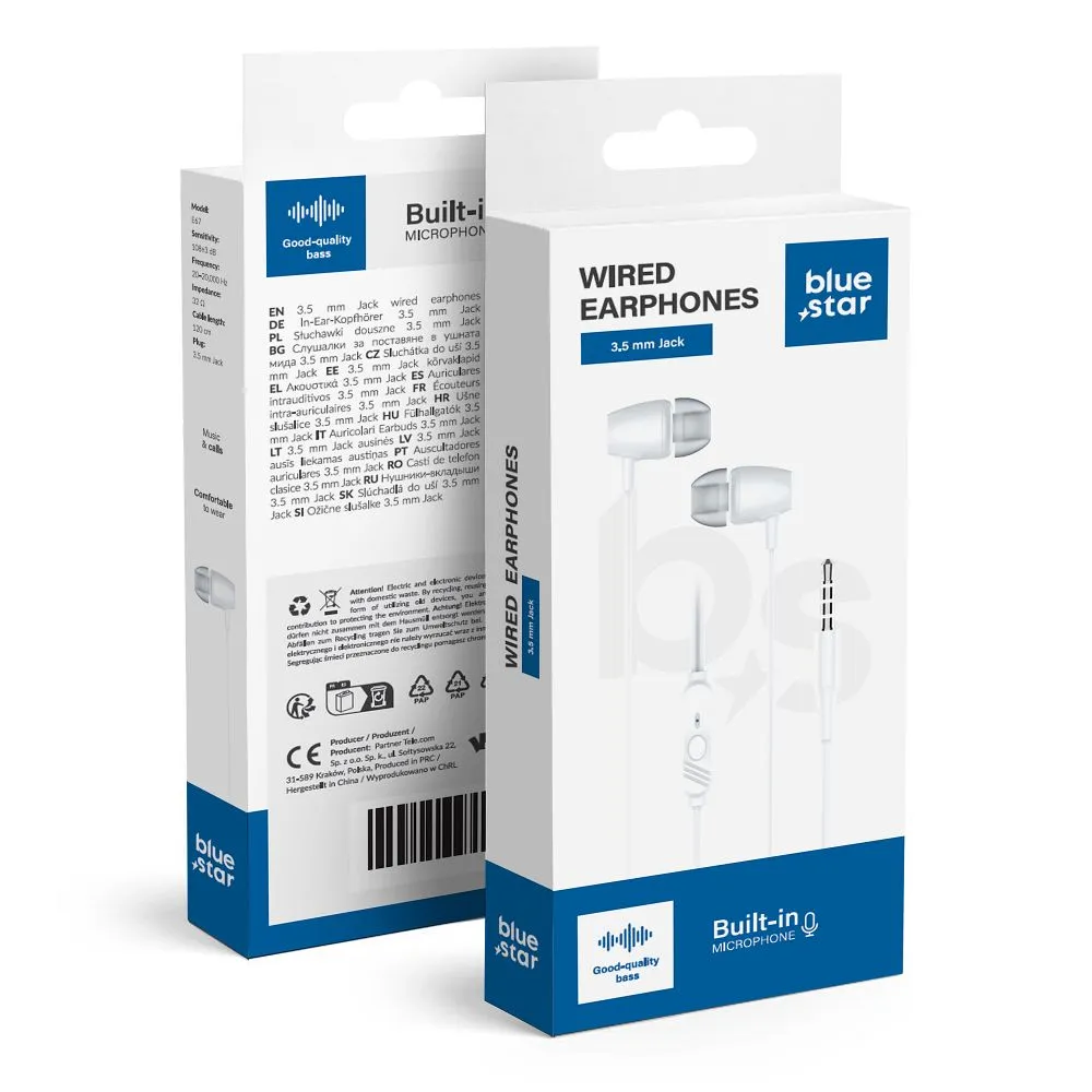 Wire earphones Jack 3,5 mm Blue Star PA-E67 1,2 m white