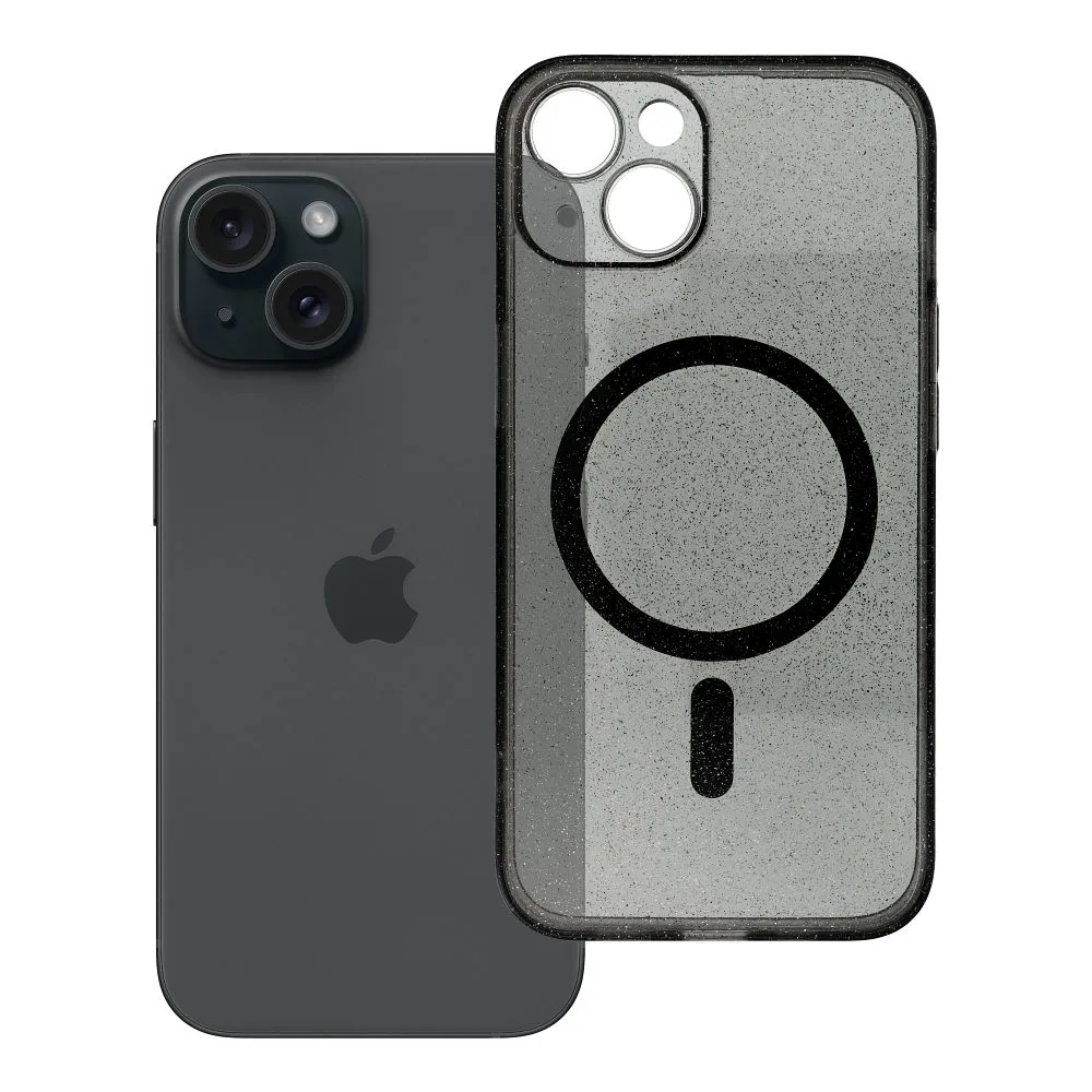 Case for iPhone 14 Clear Mag Cover - Glitter (STR / CAMERA PROTECTION) compatible with MagSafe black glitter