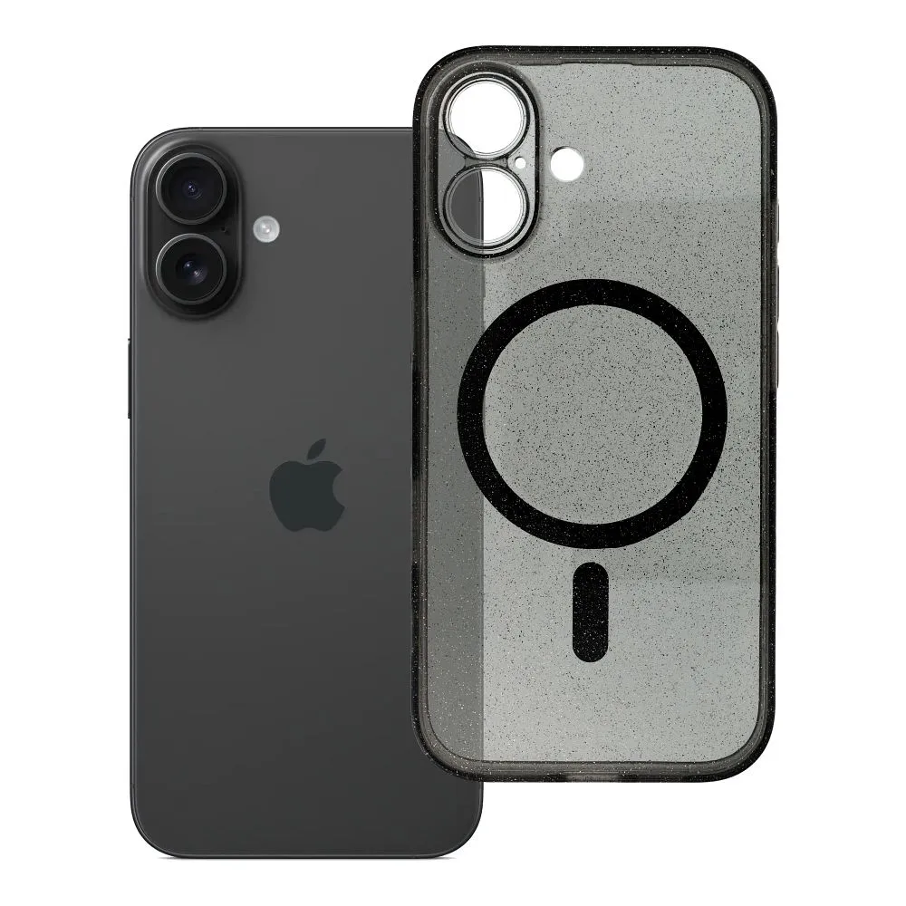 Case for iPhone 16 Clear Mag Cover - Glitter (STR / CAMERA PROTECTION) compatible with MagSafe black glitter