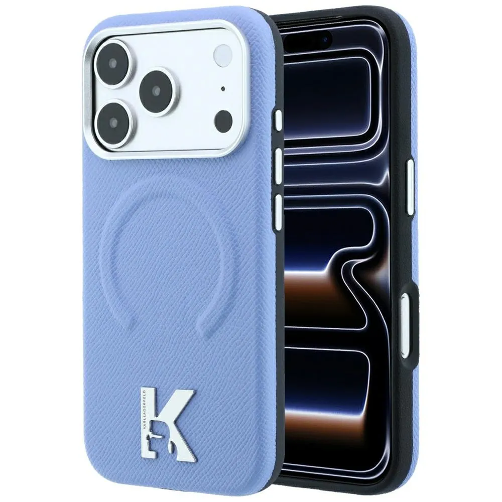 KARL LAGERFELD case for IPHONE 18 Pro Max/17 Pro Max compatible with MagSafe (Grained Embossed Ring & Kameo Logo) light blue
