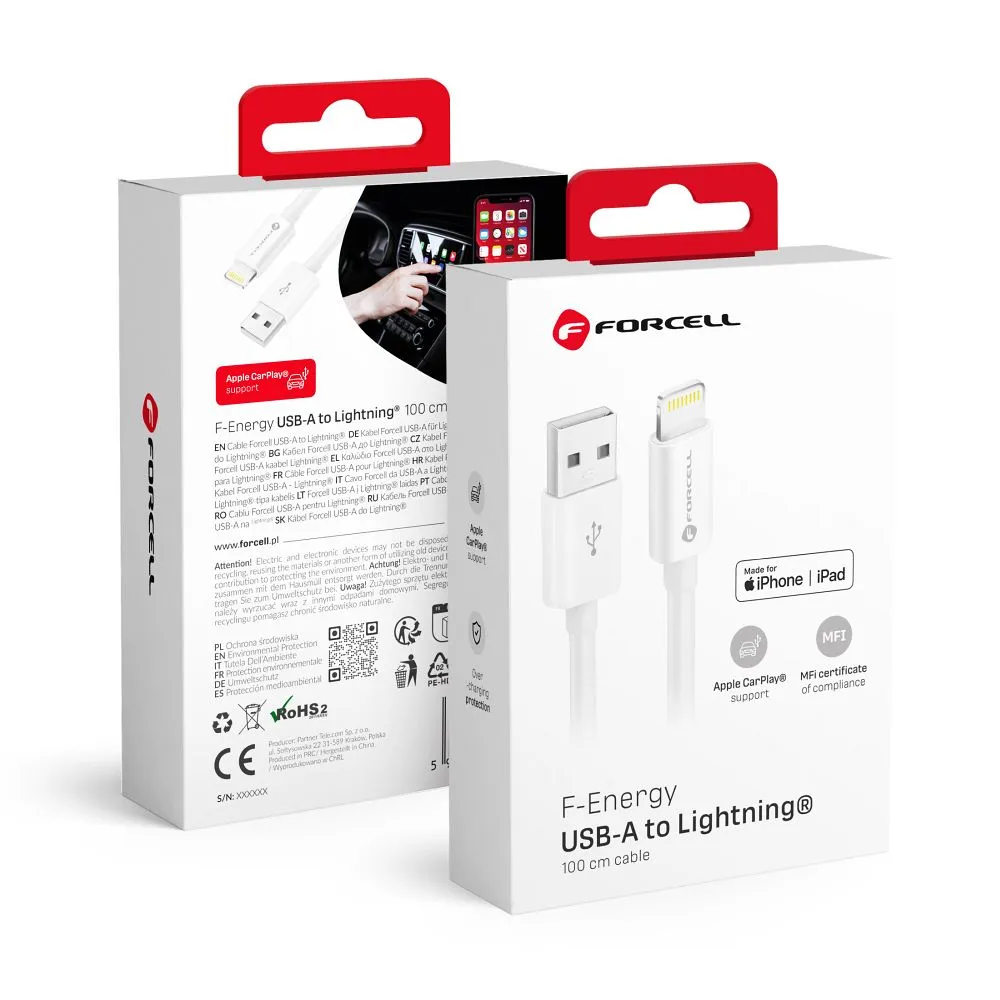 Cable USB A to Lightning Forcell F-Energy MFi 2,4A 12W 1 m C703 white
