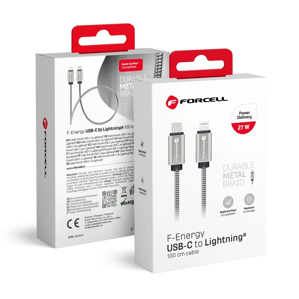 Cable USB C to Lightning Forcell F-Energy PD 3A 27W Metal 1 m C238 silver