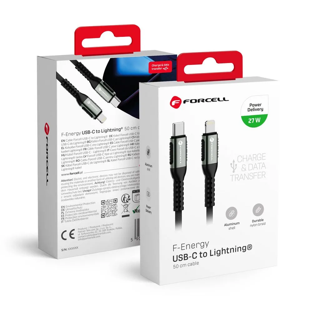 Cable USB C to Lightning Forcell F-Energy PD 3A 27W Cafule 0,5 m C259 black