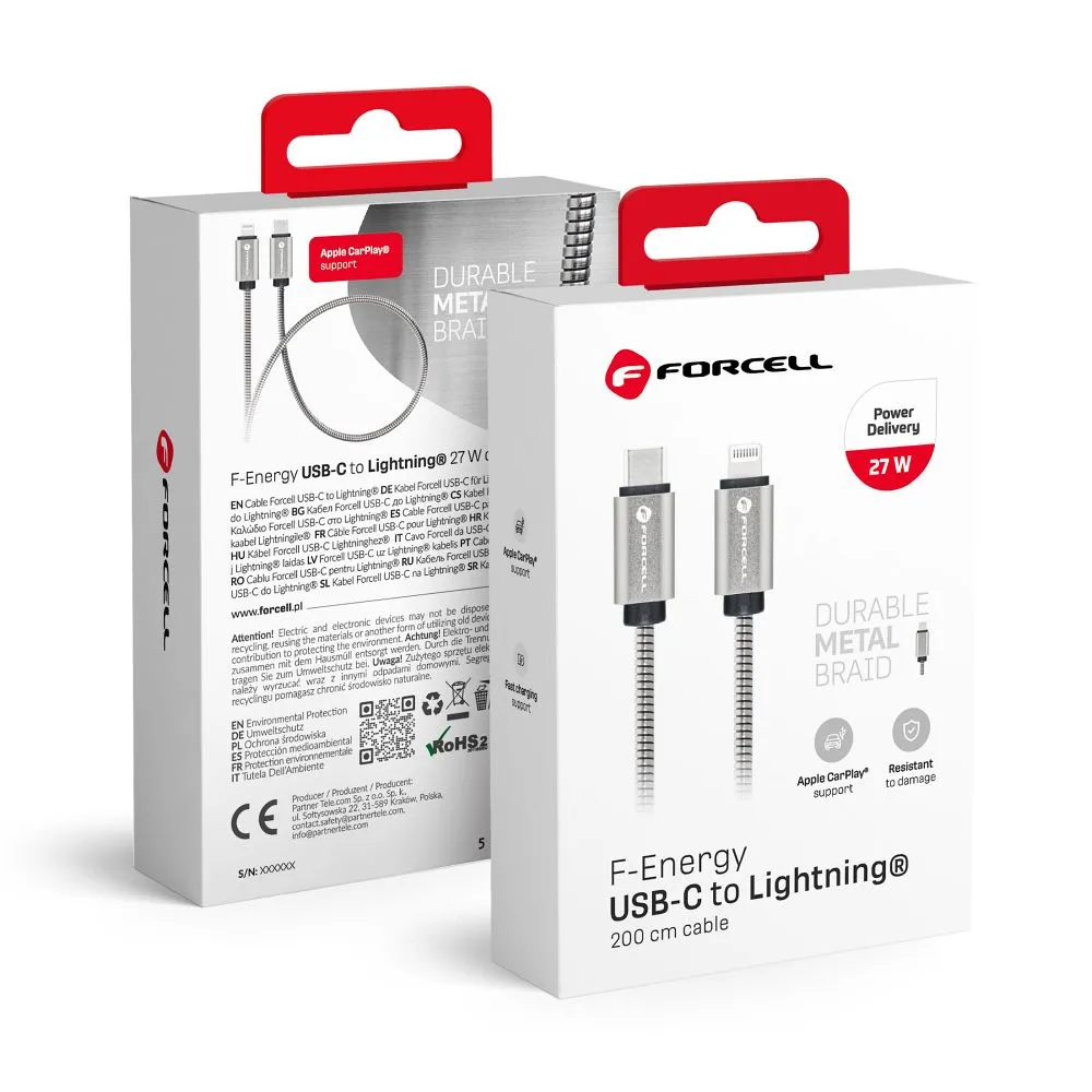 Cable USB C to Lightning Forcell F-Energy PD 3A 27W Metal 2 m C238 silver