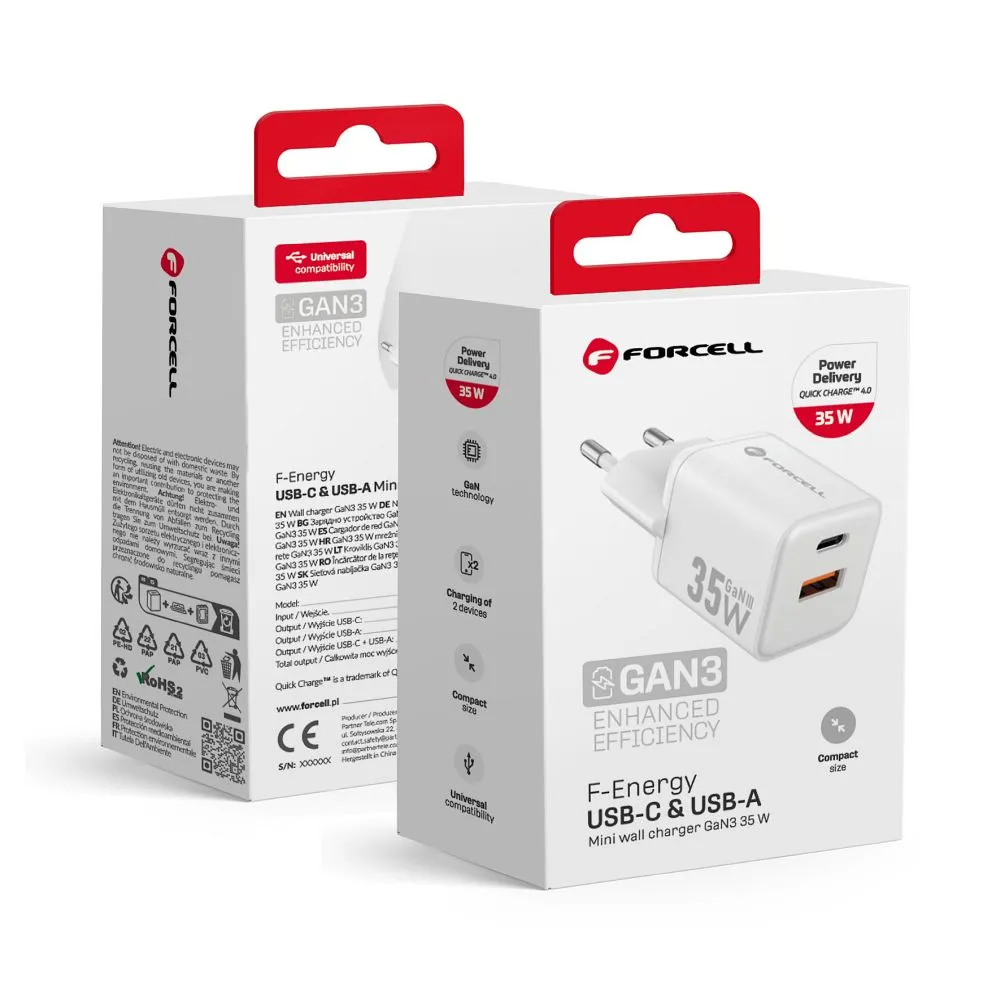 Phone charger Forcell F-Energy Mini GaN III USB C + USB A QC4.0 PD 35W VT-35C white 0INT