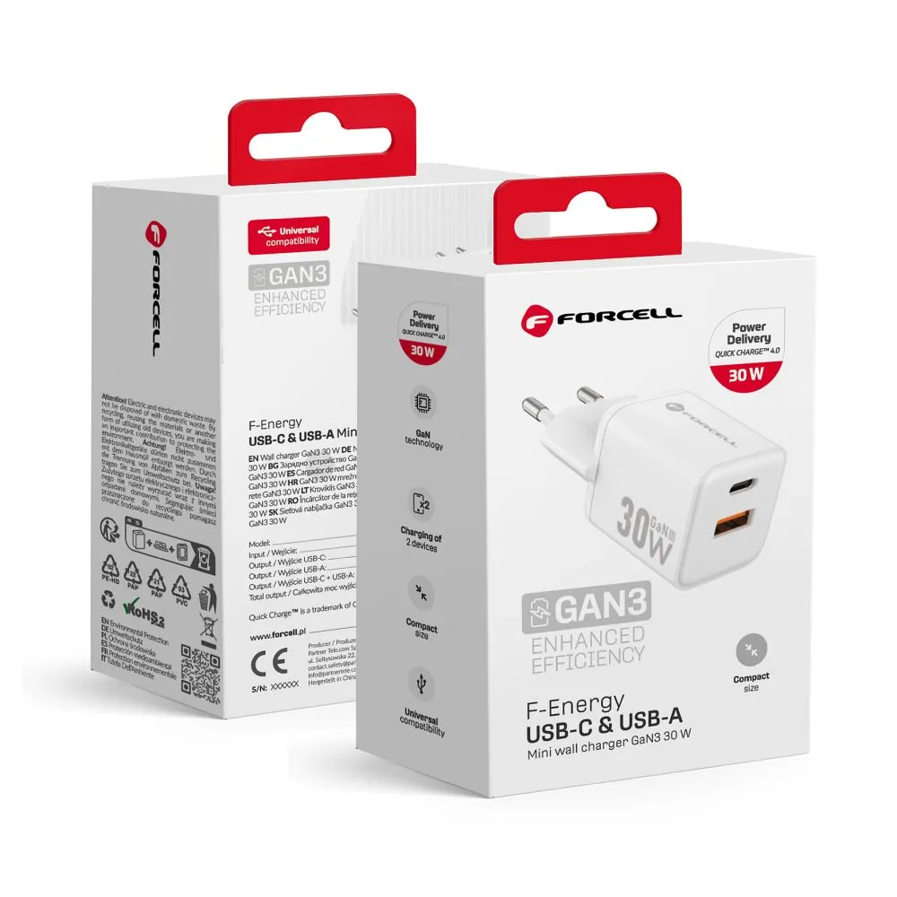 Phone charger Forcell F-Energy Mini GaN III USB C + USB A QC4.0 PD 30W VT-35 white 0INT