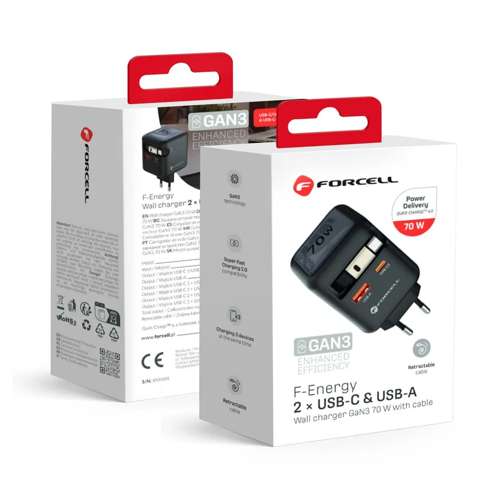 Phone charger Forcell F-Energy GaN USB C + USB A + retractable cable USB C PD QC4.0 3A 70W VT-R7 gray