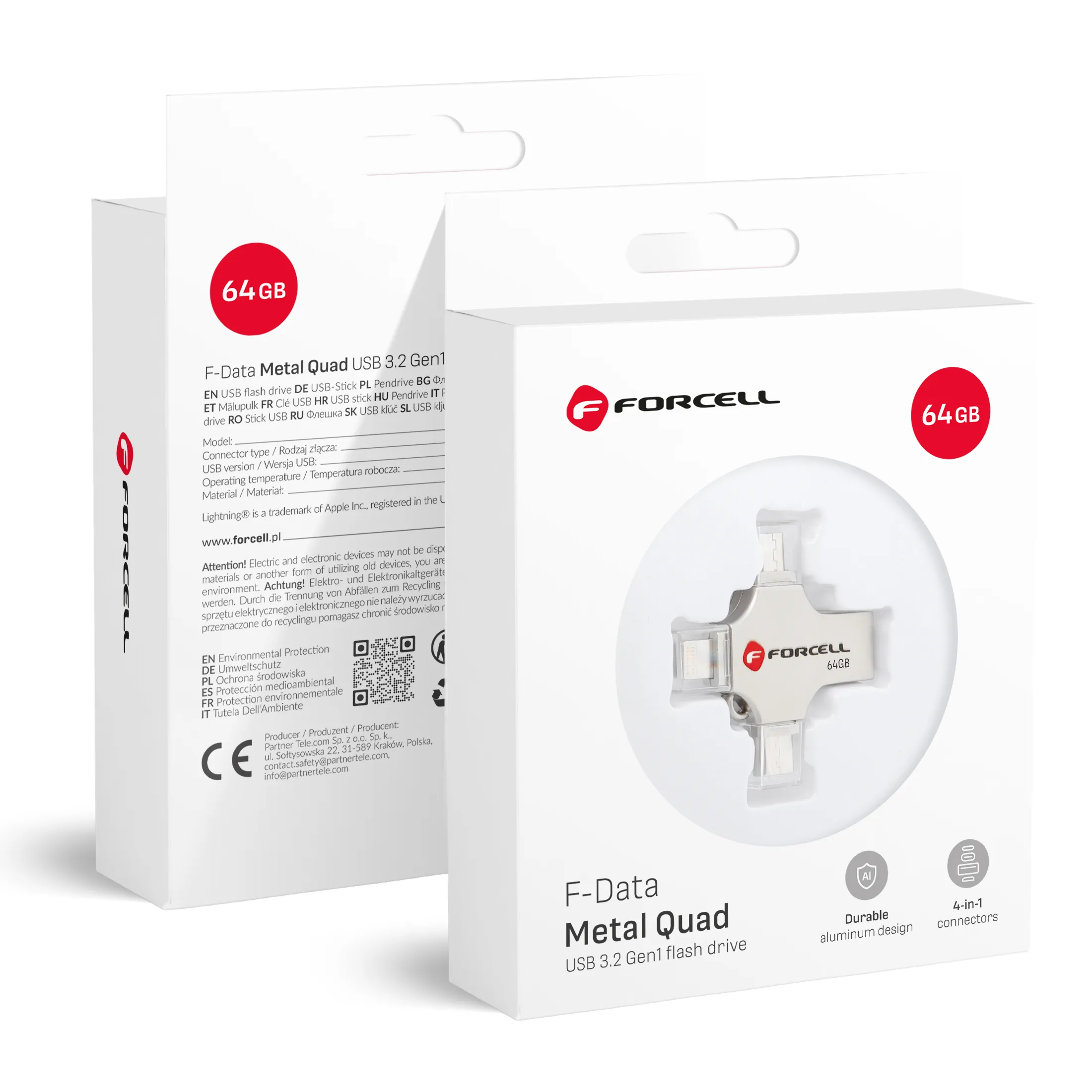 Pendrive 64GB USB 3.2 Gen 1 (USB A / USB C / Lightning / Micro USB) Forcell F-Data Metal Quad silver