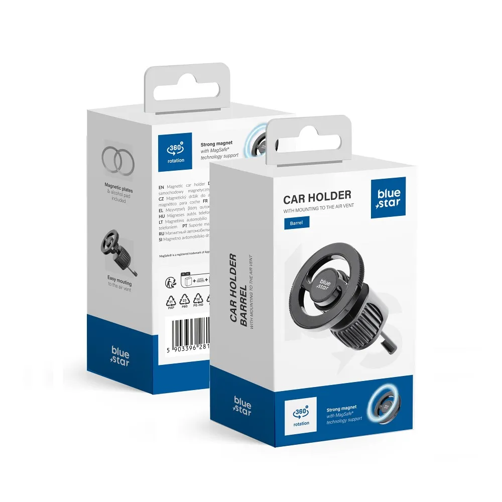 Magnetic car phone holder compatible with Magsafe Blue Star Barrel for air vent black