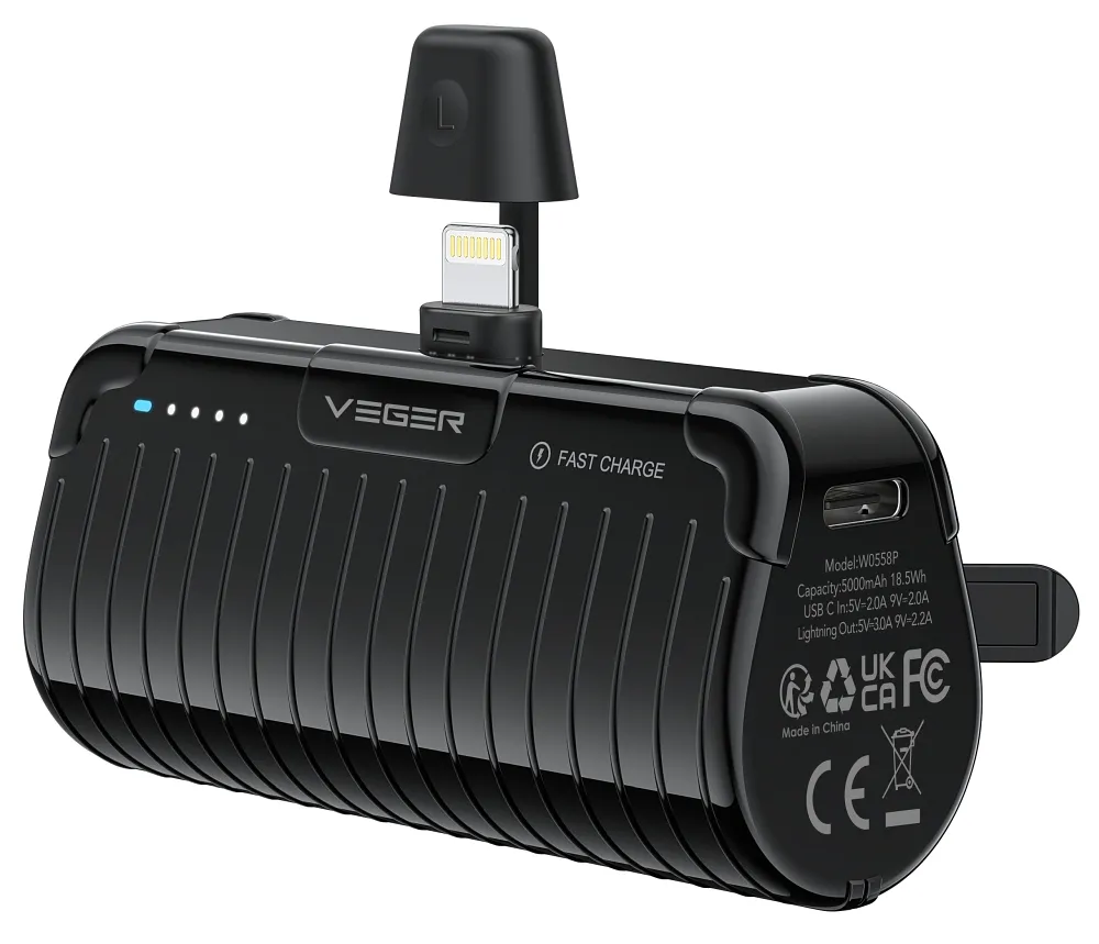 Powerbank Veger PlugOn (W0558P) PD QC3.0 2,4A 20W 5000 mAh with a built-in connector Lightning black