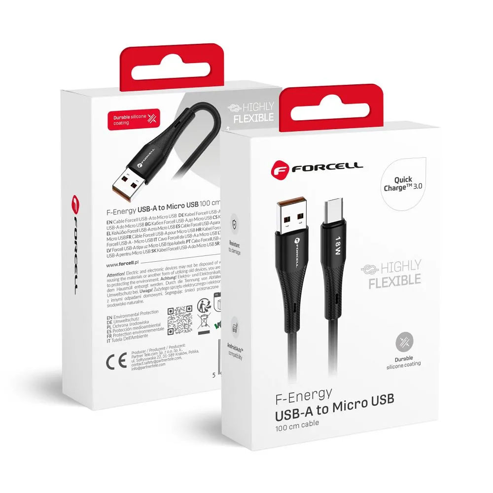 Cable USB A to Micro USB Forcell F-Energy QC3.0 2,4A 18W Silicone 1 m C341 black