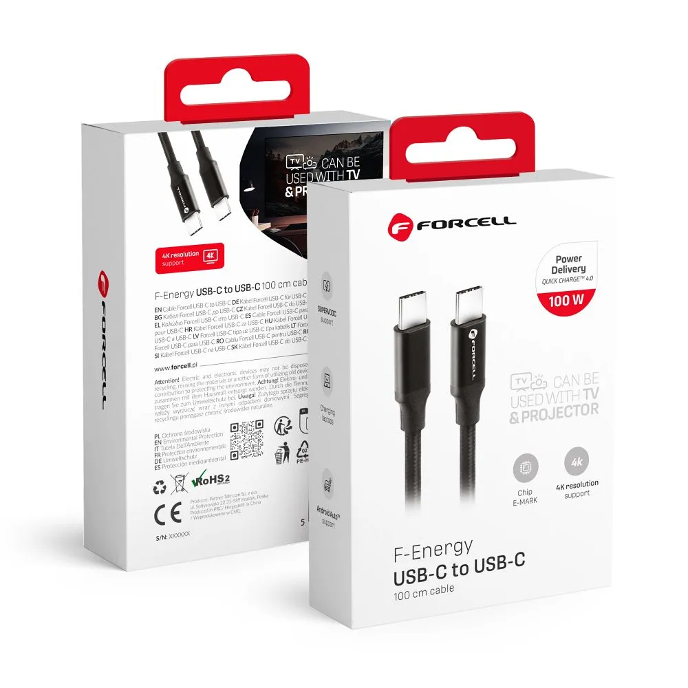 Cable USB C to USB C Forcell F-Energy QC4.0 PD 5A 100W E-mark / 4K / Thunderbolt / 20Gbit/s 1 m C391 black