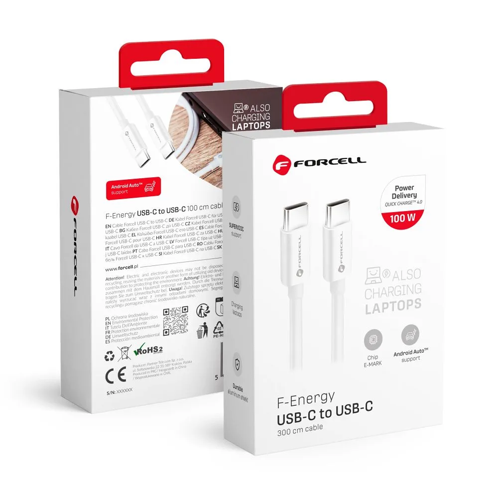 Cable USB C to USB C Forcell F-Energy QC4.0 PD 5A 100W 3 m C339 white