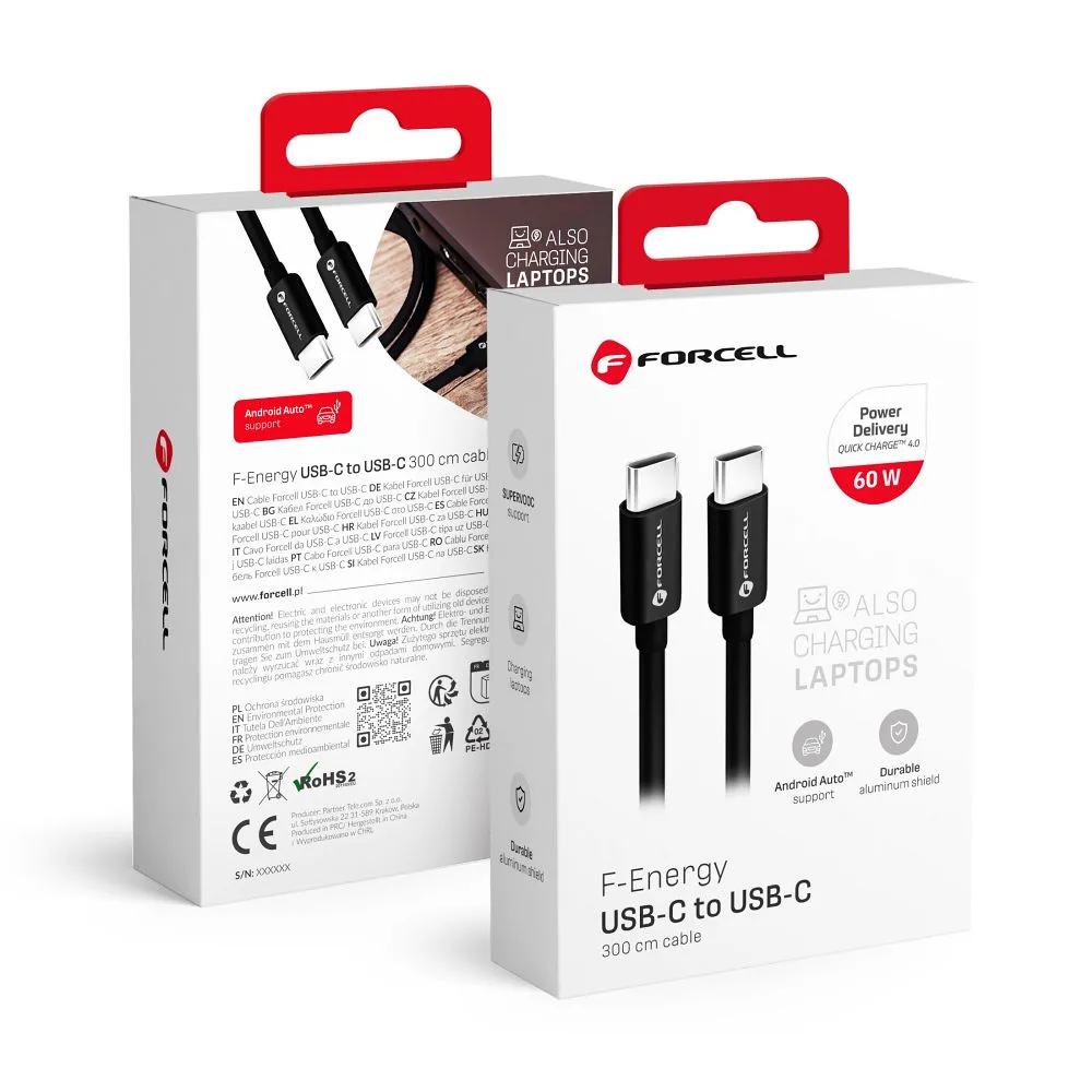 Cable USB C to USB C Forcell F-Energy QC4.0 PD 3A 60W 3 m C338 black