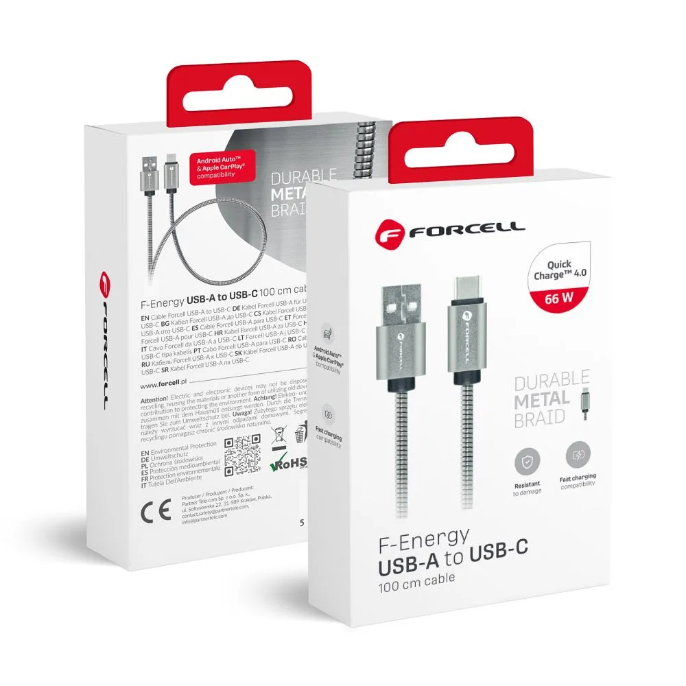Cable USB A to USB C Forcell F-Energy QC3.0 66W Metal 1 m C234 silver