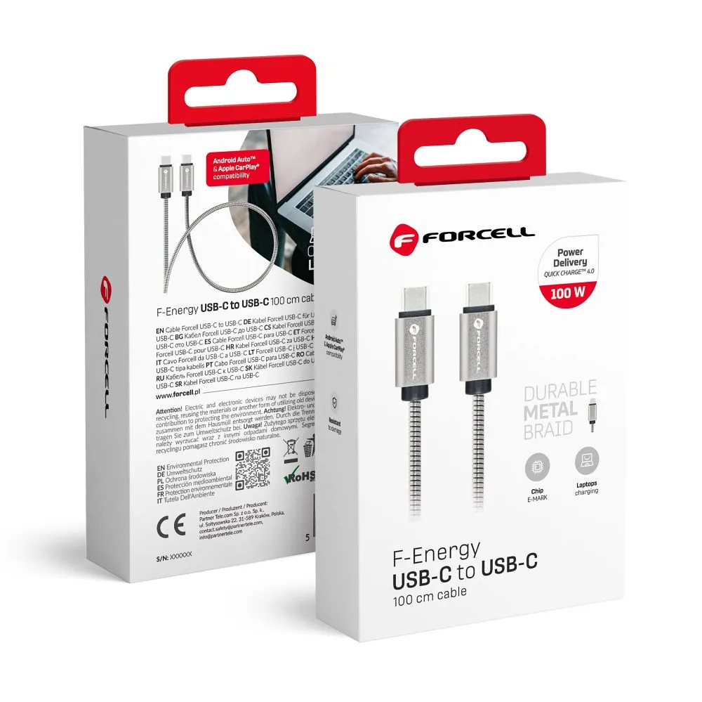 Cable USB C to USB C Forcell F-Energy QC4.0 PD 5A 100W E-Mark Metal 1 m C239 silver