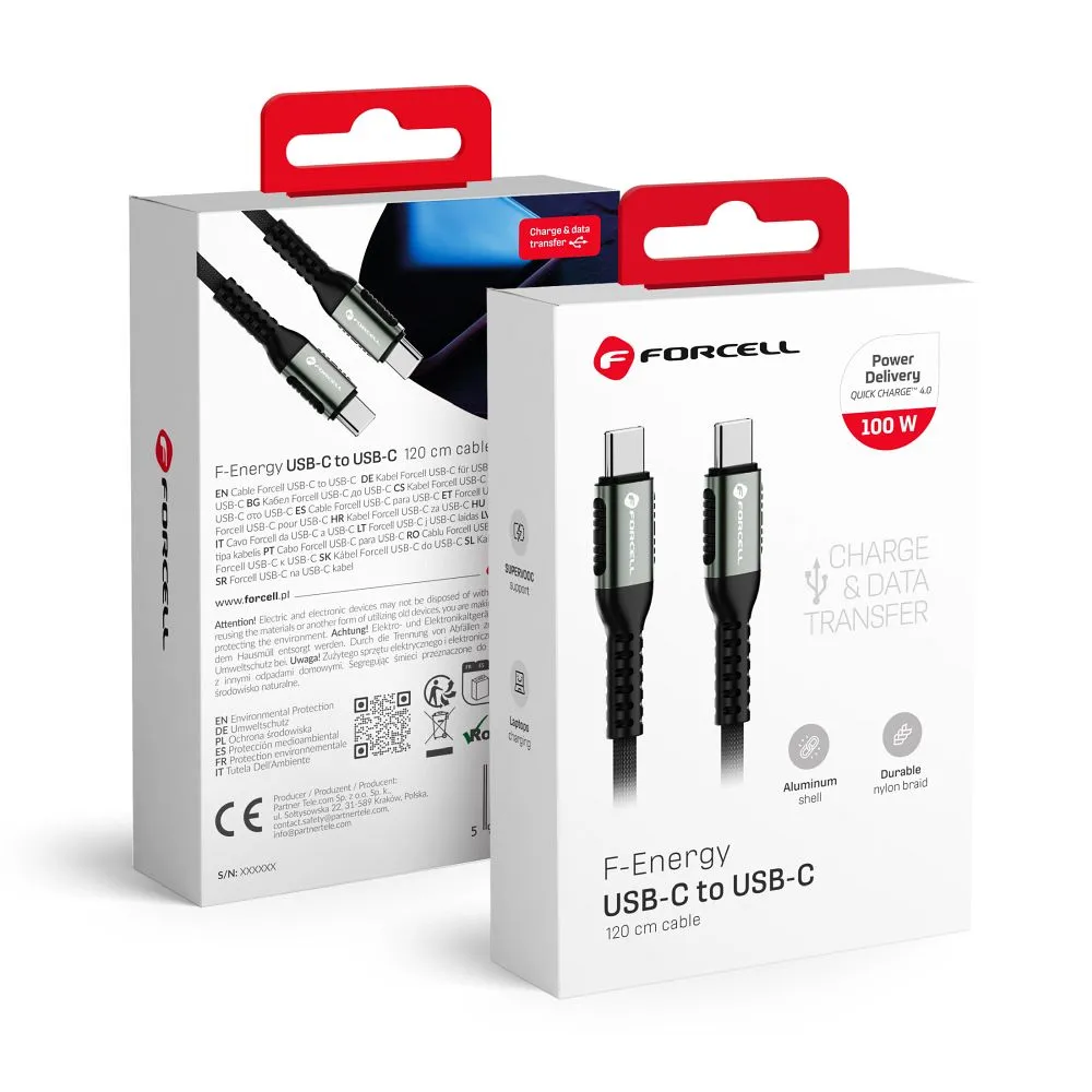Cable USB C to USB C Forcell F-Energy QC4.0 PD 5A 100W Cafule 1,2 m C260 black