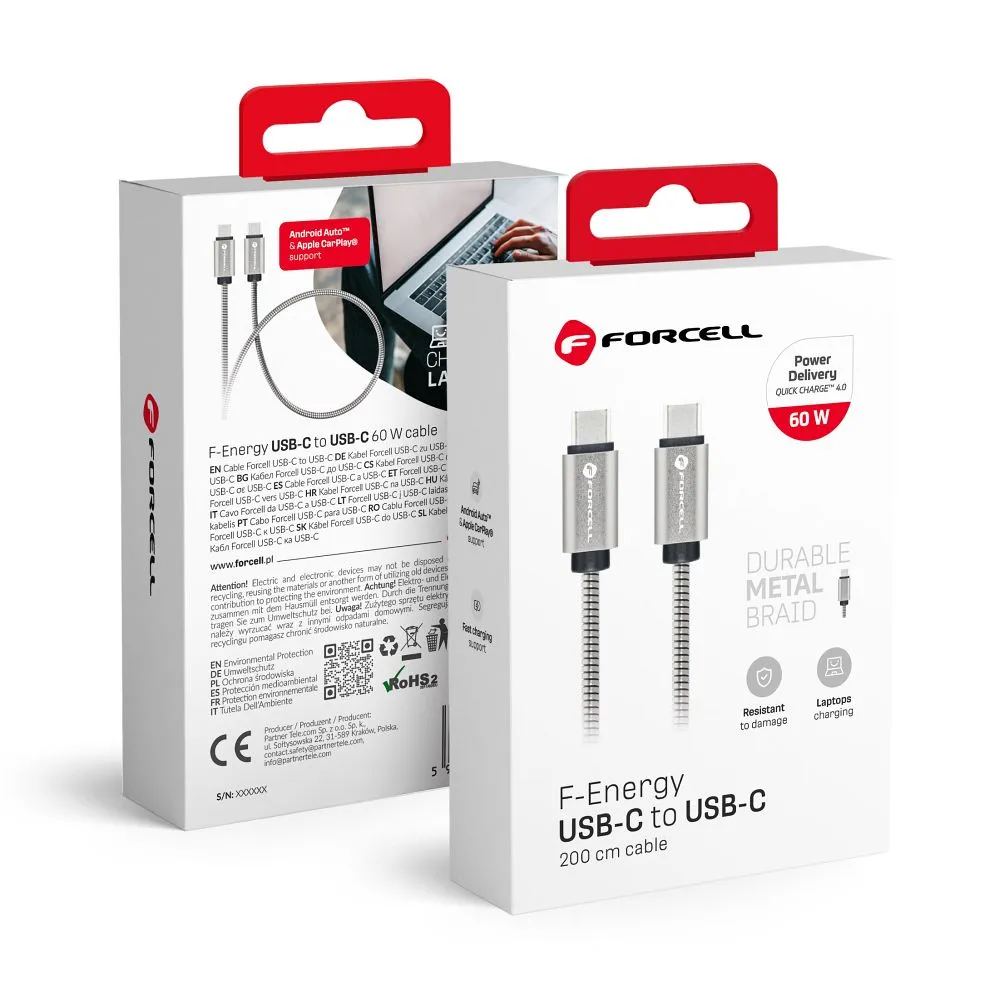 Cable USB C to USB C Forcell F-Energy QC4.0 PD 3A 66W Metal 2 m C237 silver