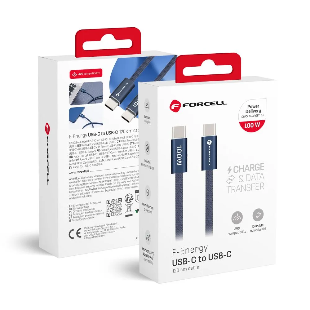 Cable USB C to USB C Forcell F-Energy QC4.0 PD 5A 100W Cafule Color 1,2 m ACYH23 dark blue