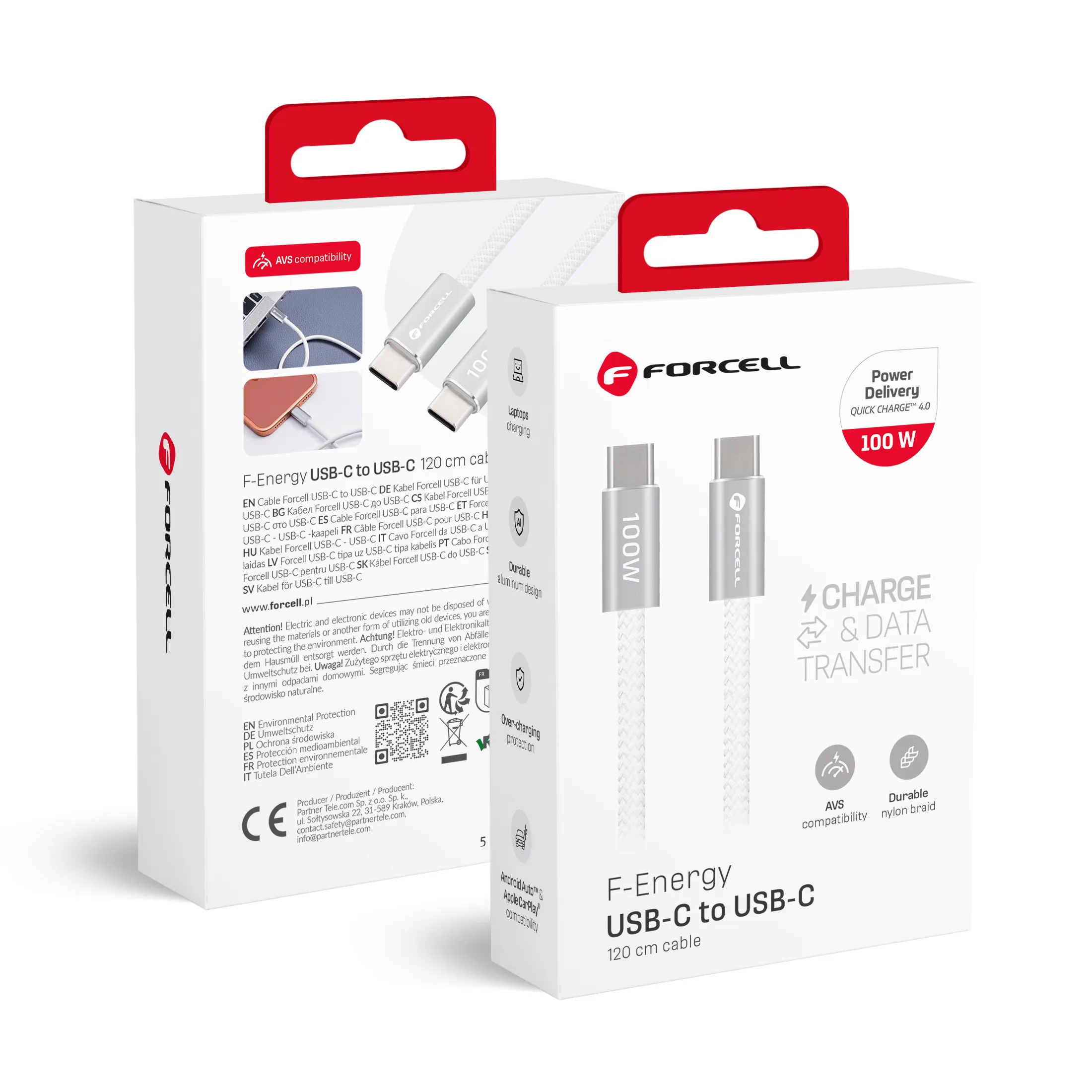 Cable USB C to USB C Forcell F-Energy QC4.0 PD 5A 100W Cafule Color 1,2 m ACYH23 white