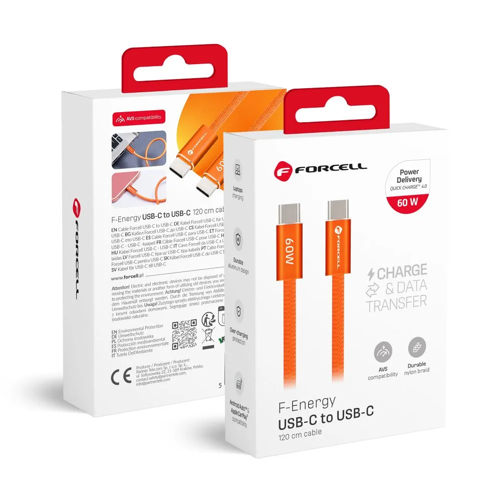 Cable USB C to USB C Forcell F-Energy QC4.0 PD 3A 60W Cafule Color 1,2 m ACYH23 orange