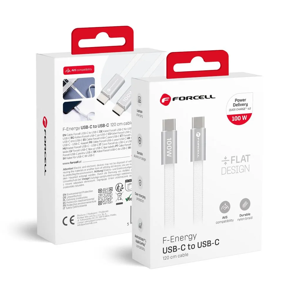 Cable USB C to USB C Forcell F-Energy QC4.0 PD 5A 100W Cafule Flat 1,2m CCFN23 white