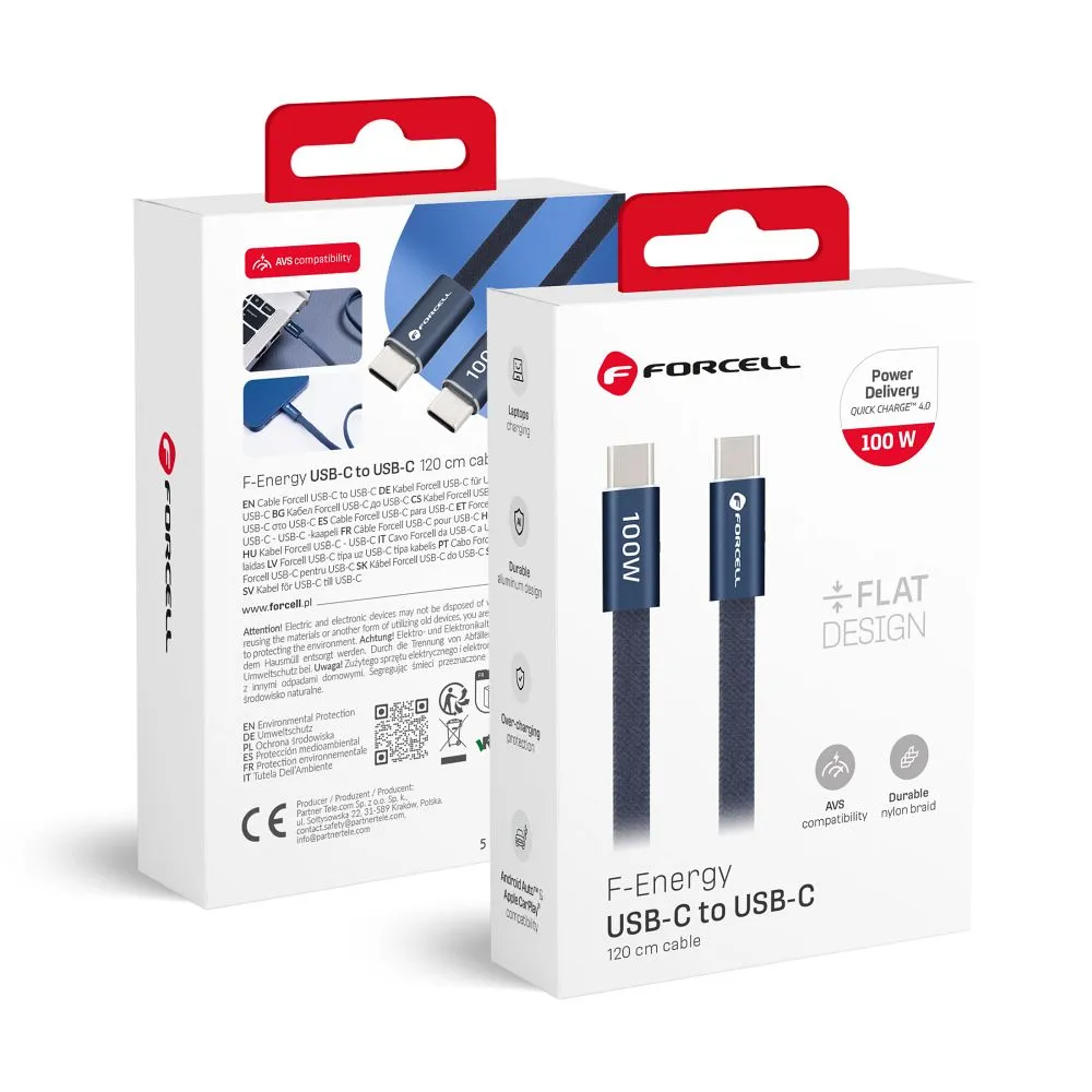 Cable USB C to USB C Forcell F-Energy QC4.0 PD 5A 100W Cafule Flat 1,2 m CCFN23 dark blue