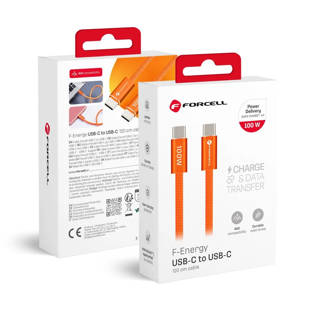 Cable USB C to USB C Forcell F-Energy QC4.0 PD 5A 100W Cafule Flat 1,2 m CCFN23 orange