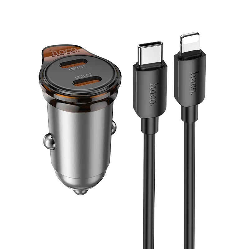 Car charger Hoco 2 x USB C QC PD 45W + cable USB C to Lightning NZ16B metal gray