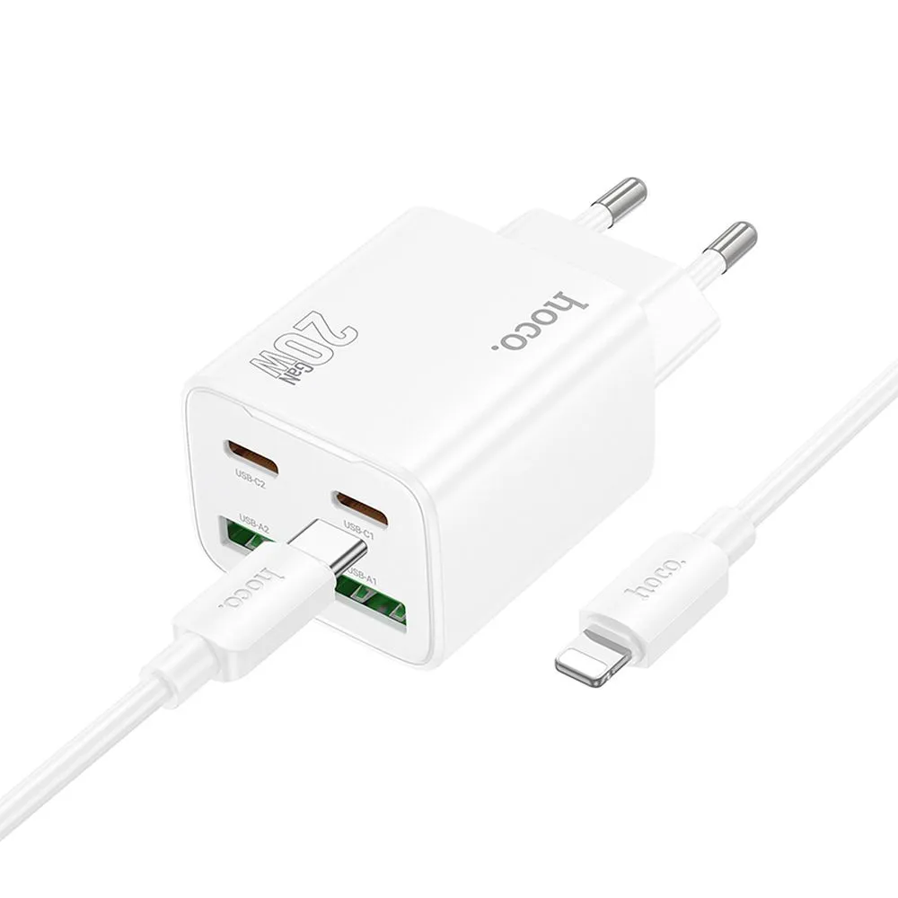 Phone charger Hoco 2 x USB C + 2 x USB A QC3.0 PD 3A 20W + cable USB C to Lightning N55 white
