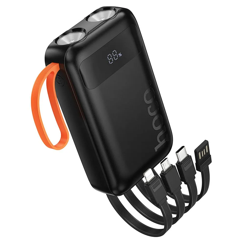 Powerbank Hoco 10000 mAh 2A with built-in cables USB A + USB C+ Lightning + Micro USB and double light J151 black