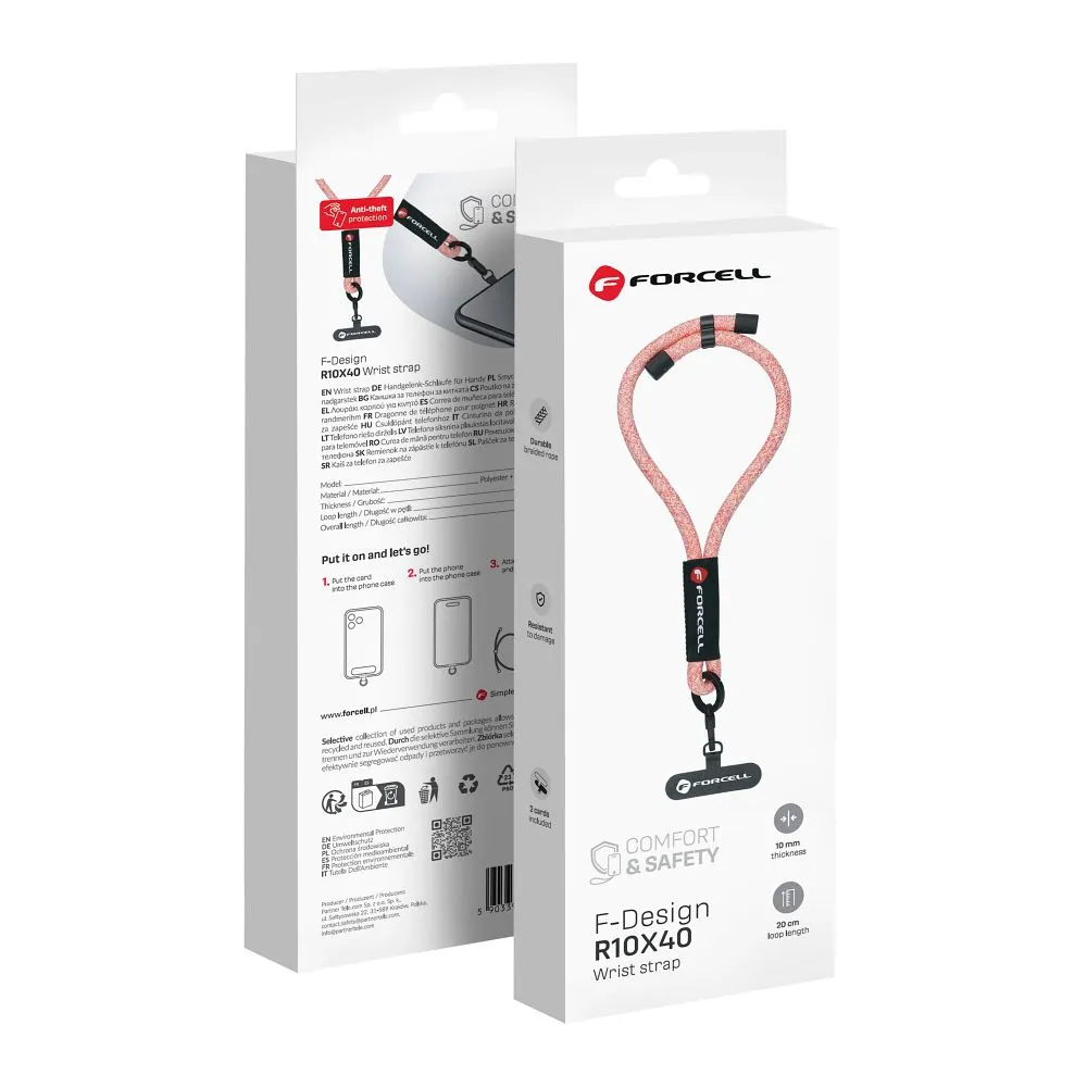 FORCELL F-DESIGN R10X40 wrist phone lanyard with adjustable length (max 20cm in the loop) pink white