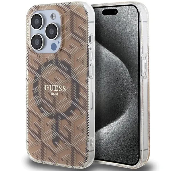 GUESS case for IPHONE 15 Pro compatible with MagSafe GUHMP15LHGCUSTGW (IML GCUBE) brown
