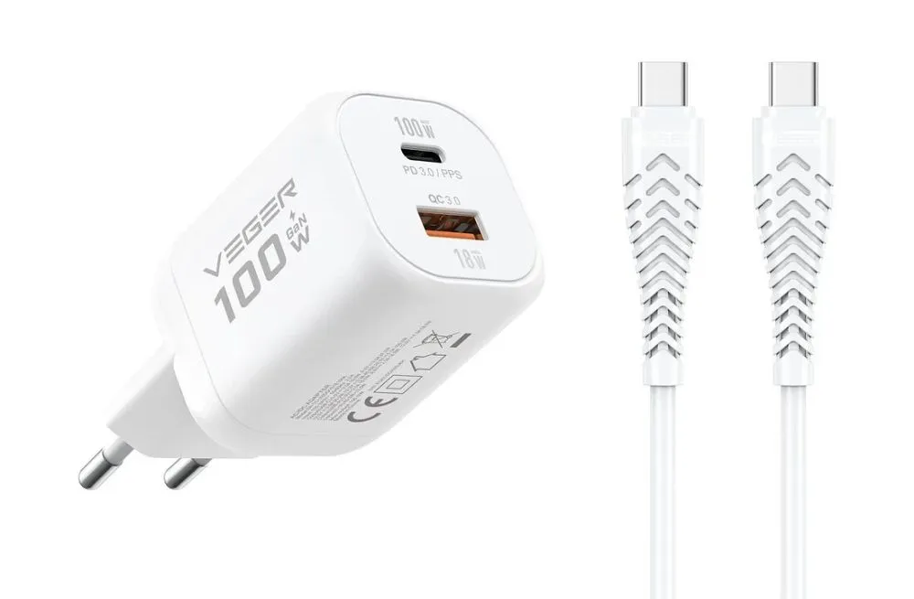 Phone charger VEGER USB A + Type C PD Super Charge PPS 100W + data cable Type C to C 240W TR150 white